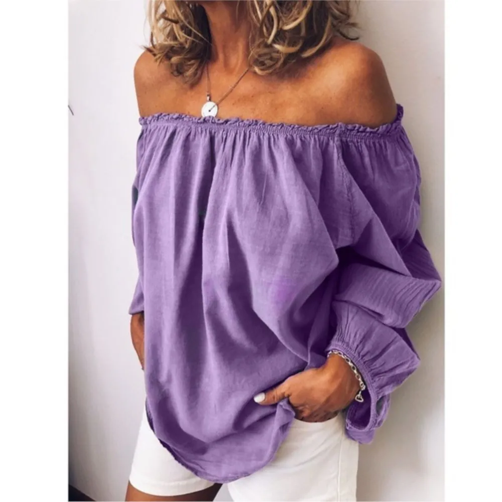 One-line Collar Elastic Pleated Cotton Linen Top Summer New Women's Solid Color Long-sleeved Women's Shirt Ropa Para Mujer