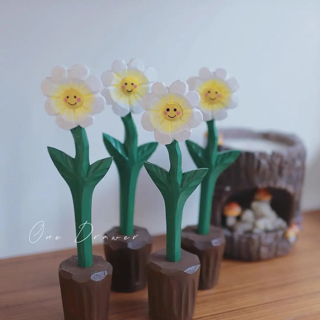 

Handmade Daisy Solid Wood Art Pen，Writable Desk Ornament，Wooden Sculpture，Office Décor，Study Buddy，Stress Relief