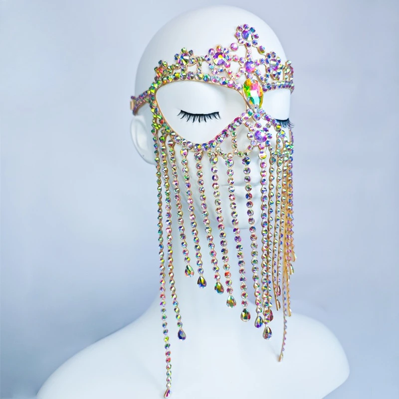 customized belly dance tassel face curtain exotic style mask dance annual party performance with heavy handmade rhinestone mask