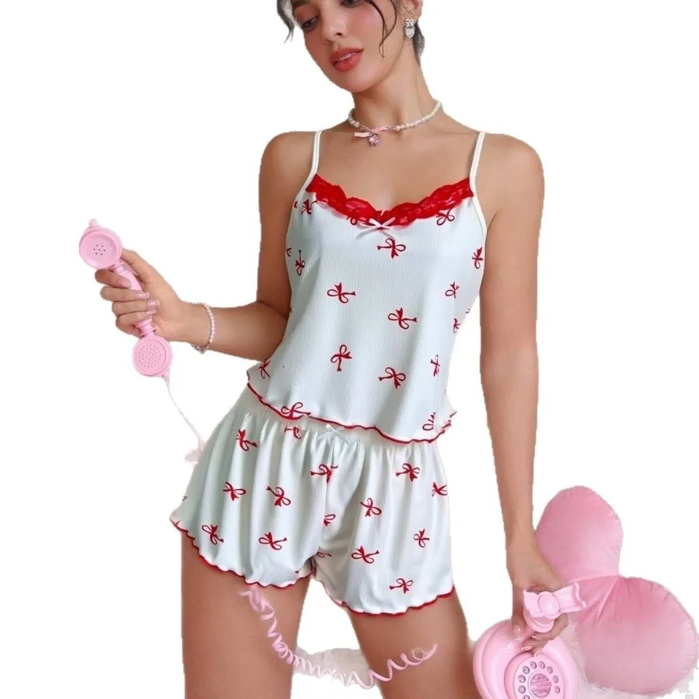 1 Set Lace Trim Pajama Set Spaghetti Straps Elastic Waist Loungewear Set Lightweight Summer Piece Pajama Set Lace Sleeping