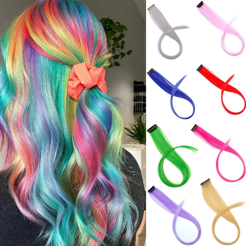 H&STAR 1PC Synthetic 50cm Long Straight  Hair Extension Gradient Rainbow Multi color Hairpiece Wigs for Women