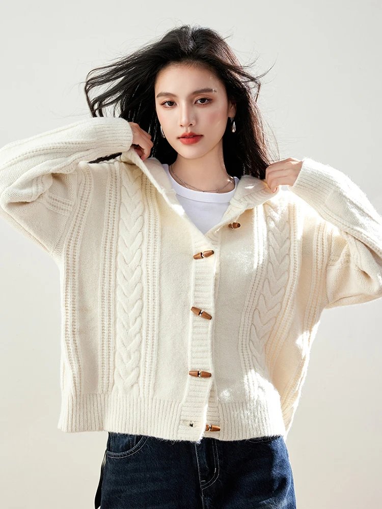 

Autumn Horn-button Hooded Sweater Coat Women Loose Sweater Top Gentle Style Soft Long Sleeved Knitted Cardigan