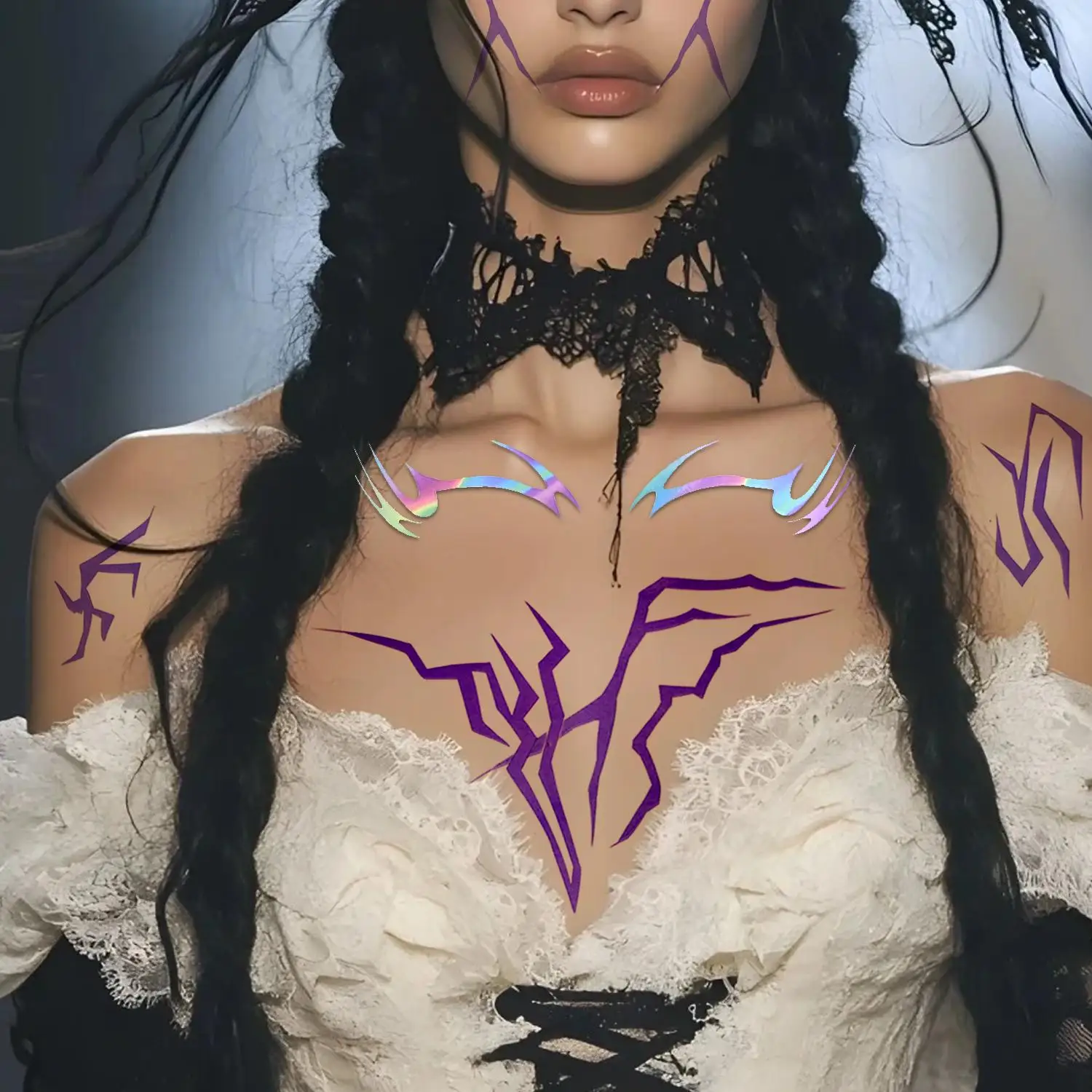 

4pcs/set Temporary Tattoos Purple Lightning Bold Makeup for Cosplay Role Play Party Waterproof Demon Face Art Tattoos Stickers