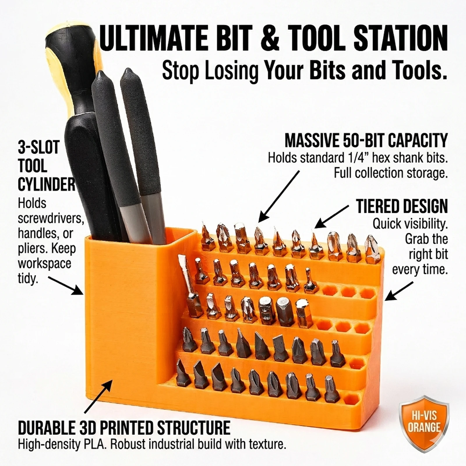 50-Hole Hex Screwdriver Bit Storage Box 1/4 Inch Impact Driver Bit Holder Organizer Durable Tool Box for DIY & Workshop