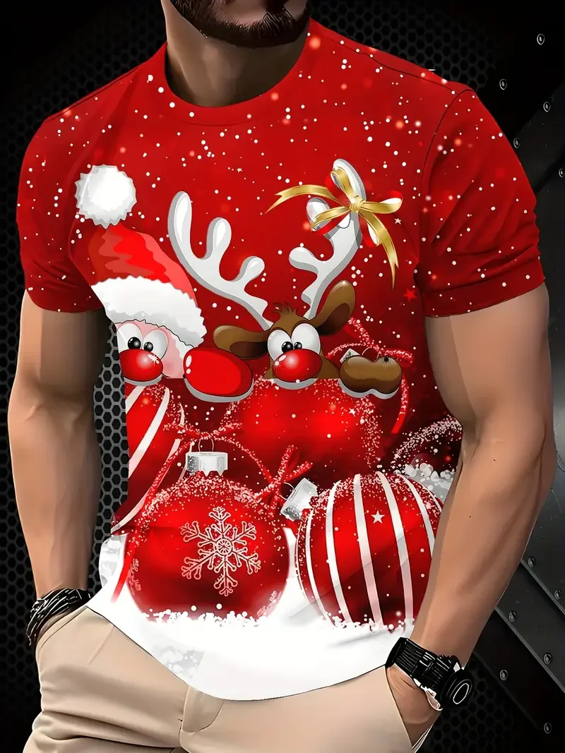 

Men'S Festive Christmas Graphic T-Shirt -Comfortable And Versatile Casual Short Sleeve Tee Santa, Reindeer, And Snowflake Design