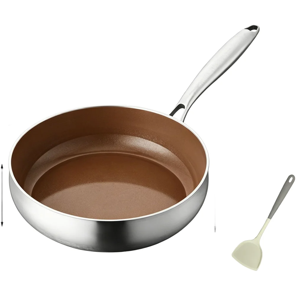 Titanium Coated Stainless Steel Frying Pan 21/25 cm Deep Skillet for Steak Eggs Pancakes Even Heat Distribution with Spatula