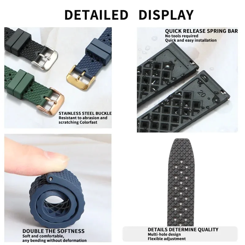 Cinturino per orologio in gomma Tropic FKM a nido d'ape di alta qualità 20mm 22mm Cinturini per orologi in gomma fluorurata FKM traspirante a sgancio rapido