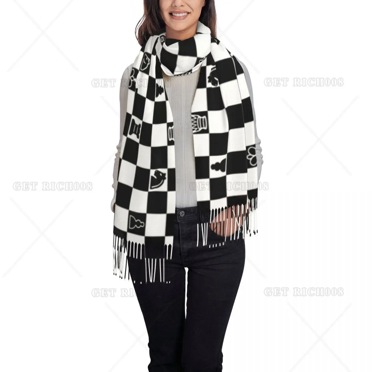 

Женские шарфы с рисунком шахматной доски, легкая зимняя большая шаль, теплый осенний дизайнерский шарф, комфортный элегантный шарф для холодной погоды