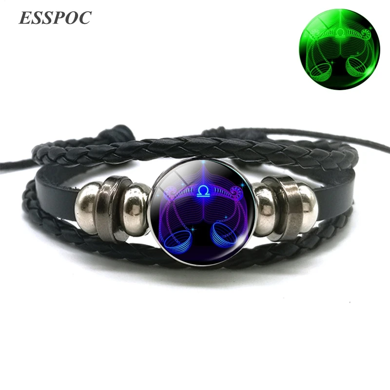 Glowing In The Dark 12 Constellation Leather Wrap Bracelet Punk Zodiac Braided Bracelet for Women Men Gifts Drop Shipping