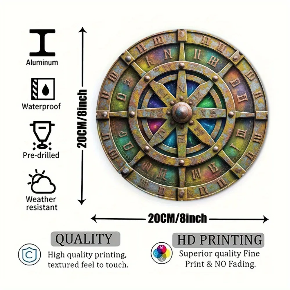 2D Metal Sign Vintage Compass Rose Art, Mechanical Style Metal Wall Decor for Man Cave Yard Garden 8x8in