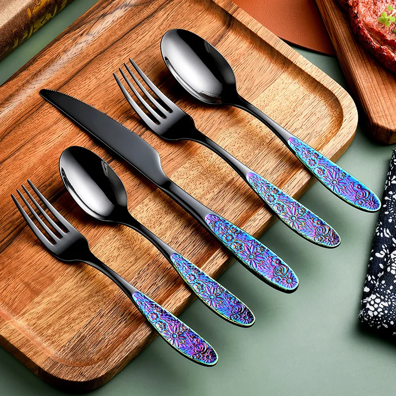 Knife Fork Spoon Tableware Stainless Steel Retro Flower Figure Handle Light Luxury Western Restaurant Hotel Afternoon Tea Set