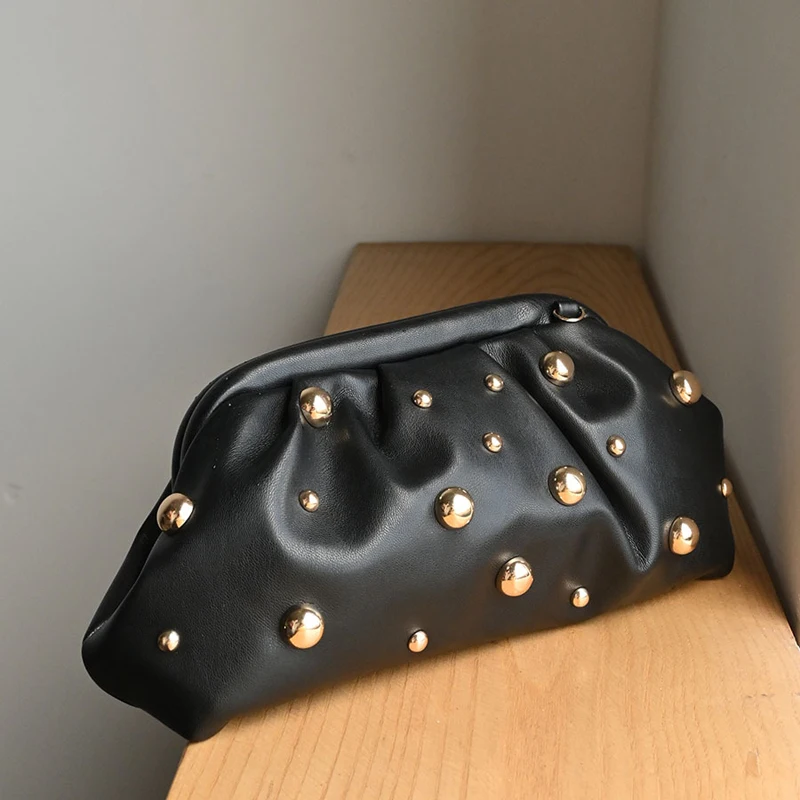SHELKSBAG Ruched Cloud Frame Clutch Gold Ball Studded Vegan Leather Evening Bag Detachable Chain Crossbody Purse Wedding Handbag