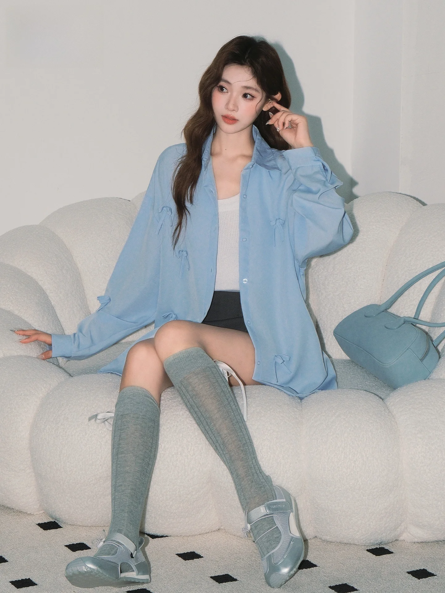 

Loose Women's Long Sleeve Shirt Summer Design Knot Sun Protection Outerwear Casual Style Blue 3D Effect Button up