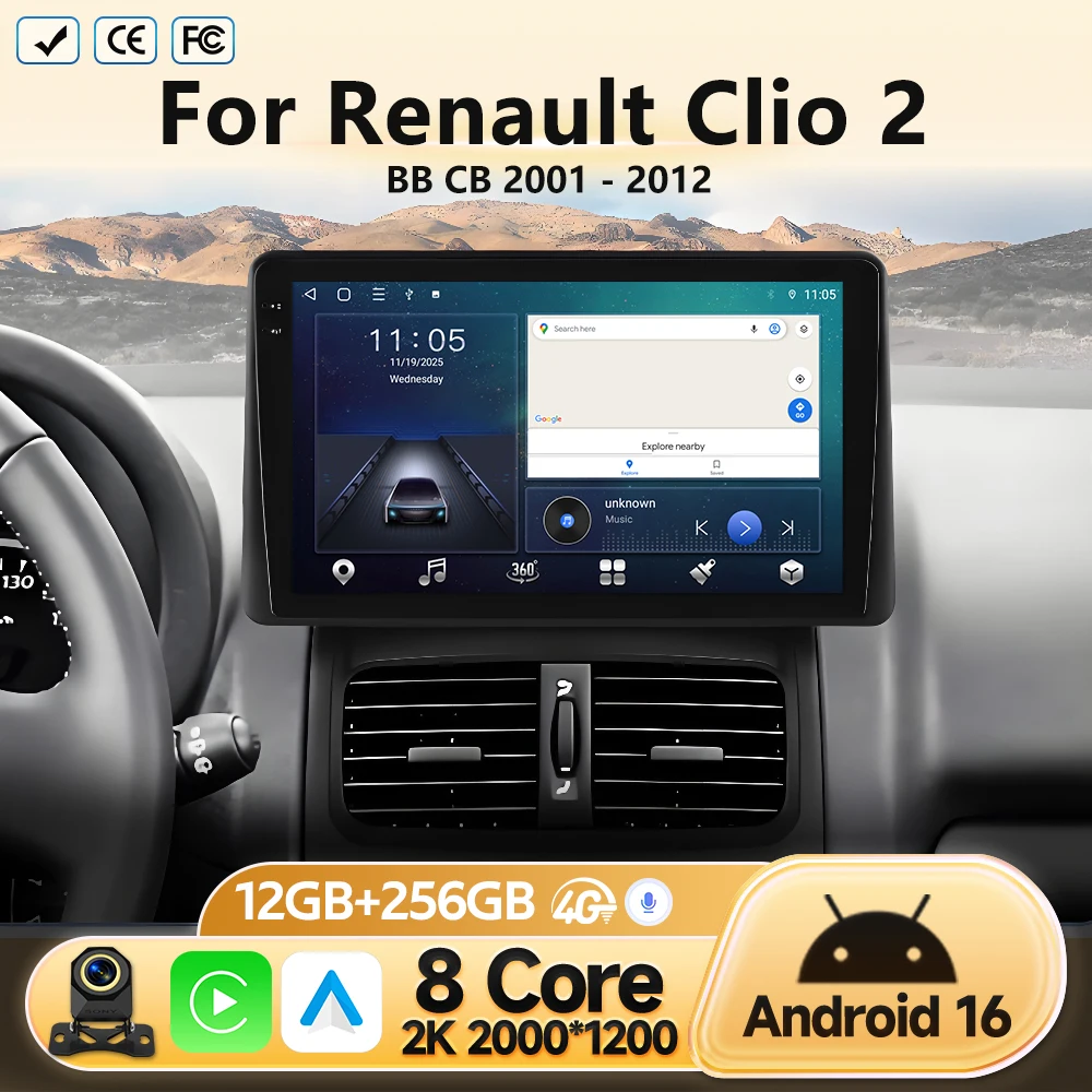 Radio para Auto Renault Clio 2 BB CB 2001 2002 2003-2012, Reproductor Multimedia Android Auto con Video, 4G, WIFI, BT, GPS, Navegación, Unidad Principal