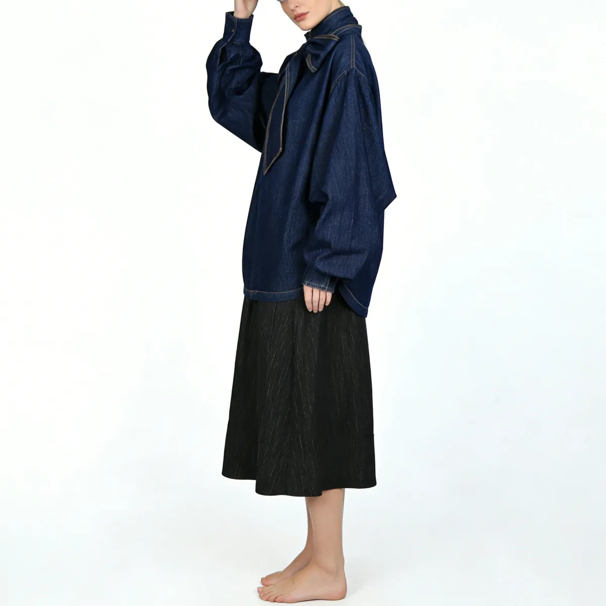 VTKW 2026 신상 여성 데님 보타이 넥 블라우스 루즈 퍼프 소매 캐주얼 탑 패션 스트리트웨어 여성 우아한 상의