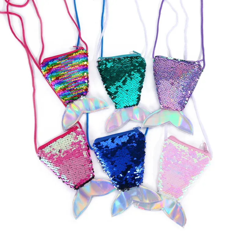 حقيبة كروس بترتر على شكل ذيل حورية البحر - حقيبة لامعة وجميلة للفتيات، حقيبة كتف نسائية وهدية عيد ميلاد