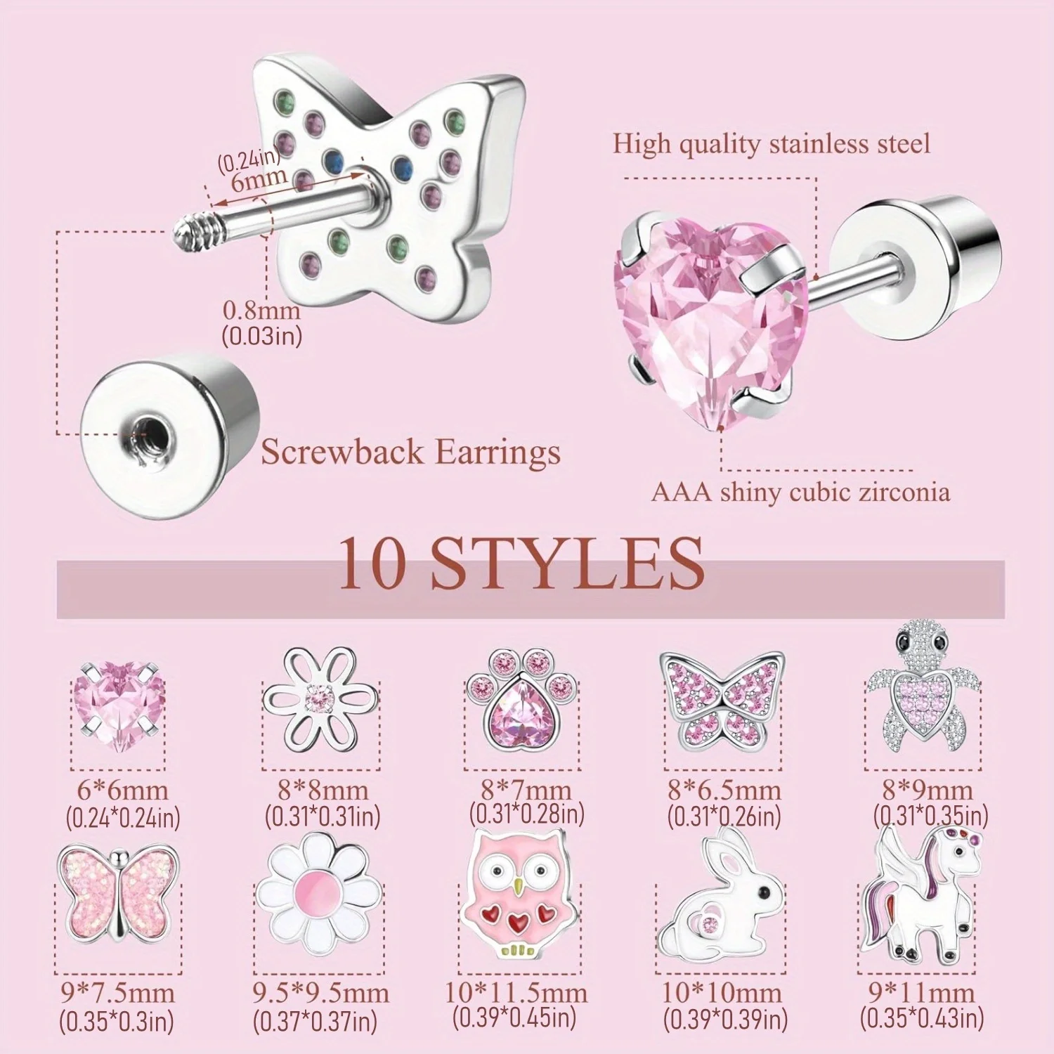 Bobisty 10Pcs Stainless Steel Cute Screw Back Earrings for Girls Rainbow CZ Stud Earrings Hypoallergenic Screwback Stud Earring