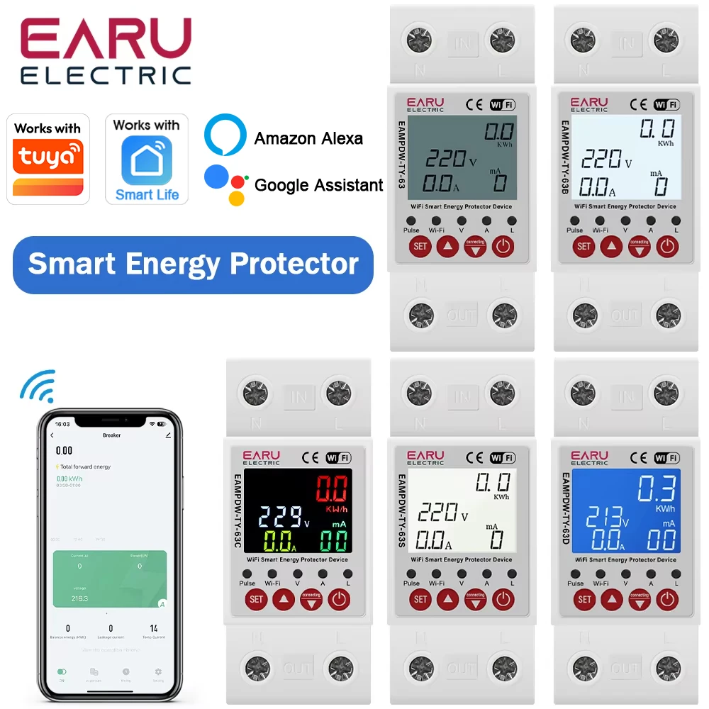 Compteur d'énergie intelligent WiFi Tuya, compteur de puissance kWh, protection contre les fuites à la terre, protection contre les surtensions et les sous-tensions, relais temporisé, disjoncteur