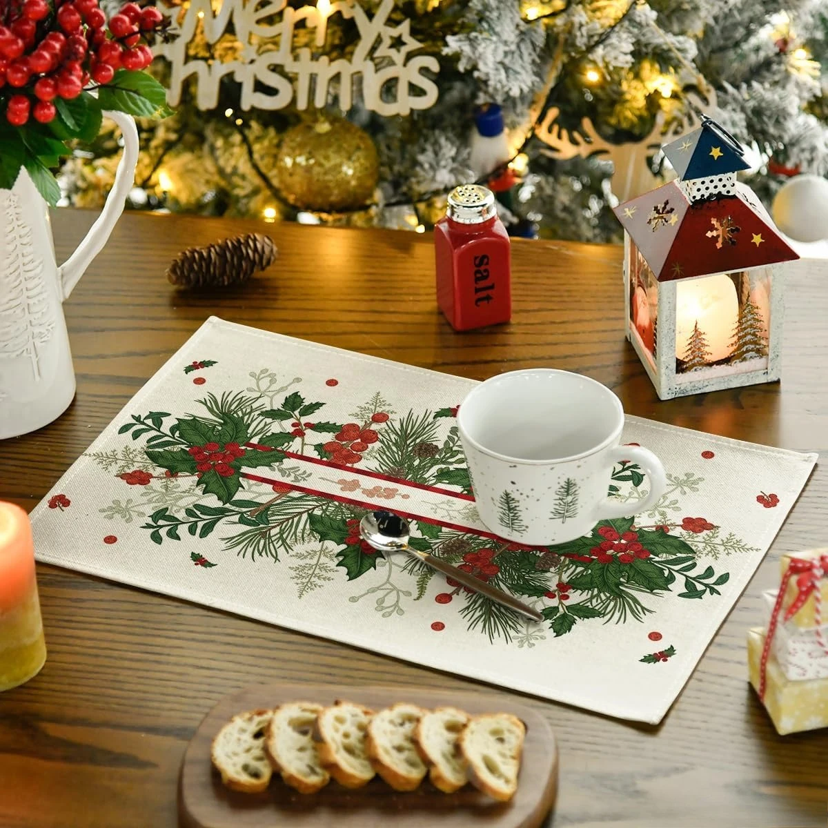 Christmas Pinecone Holly Berries Linen Table Runner Party Decor Reusable Winter Kitchen Dining Table Runner Christmas Decoration