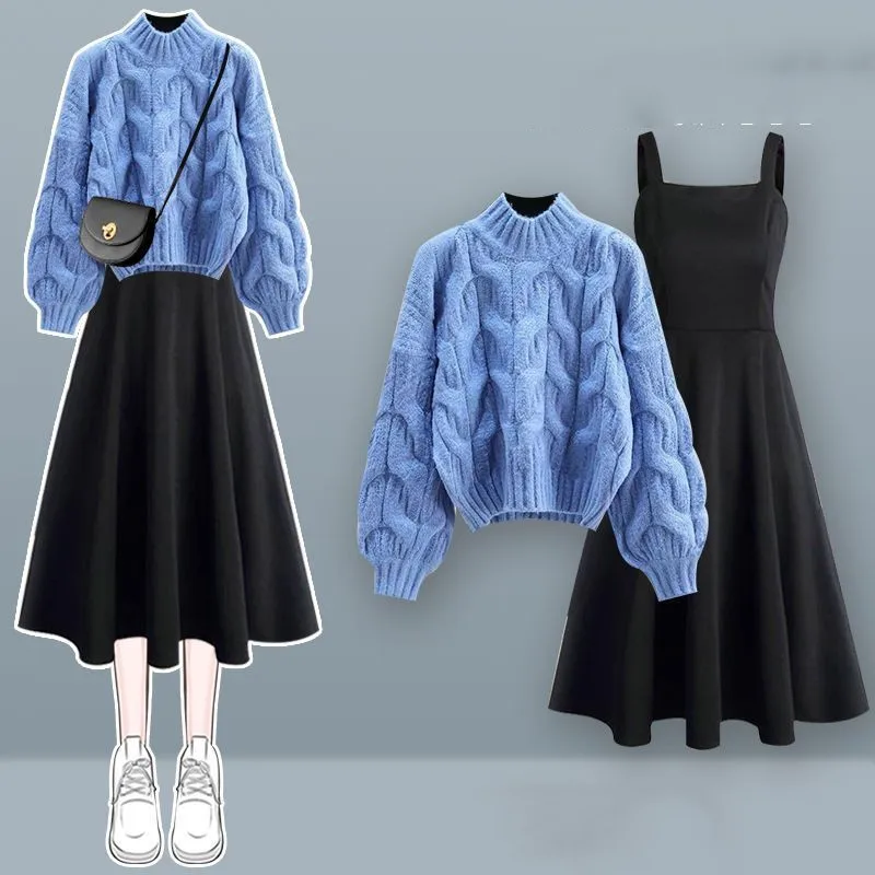 Autumn and Winter Women's Set 2024 New Lazy Loose Knitted Sweater Women's Slim Dress Two Piece Set Trendy