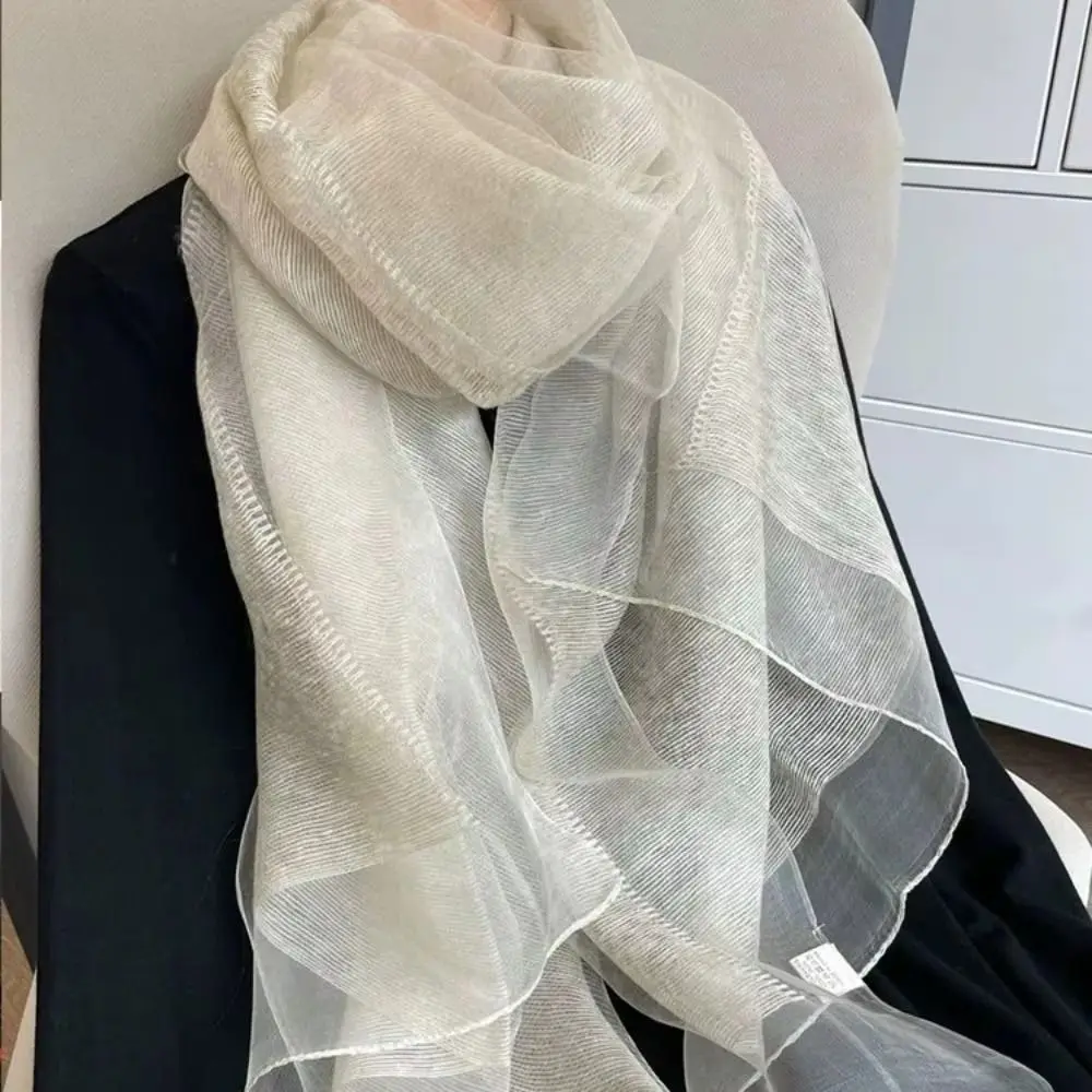 Eleganter, einfarbiger Seidenschal, langer, dünner, warmer Schal, doppellagiger Organza-Wickelschal für Damen – Detail 8