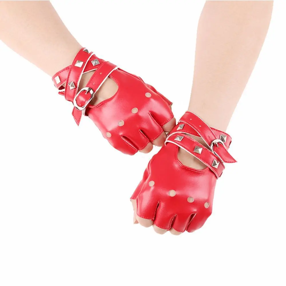 

Hollow Summer Abrasion-resistant Metal Button Women Female Gloves Rock Rivet Mittens Outdoor Sports Gloves PU Leather Gloves