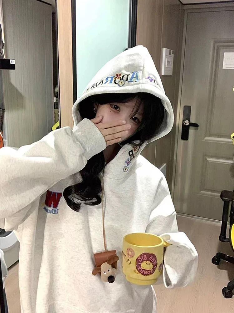 

Толстовка с вышивкой Thiened, женская длинная толстовка свека с буквами Fce, внутренняя часть, осень-зима, уличная одежда, джемпер для пар