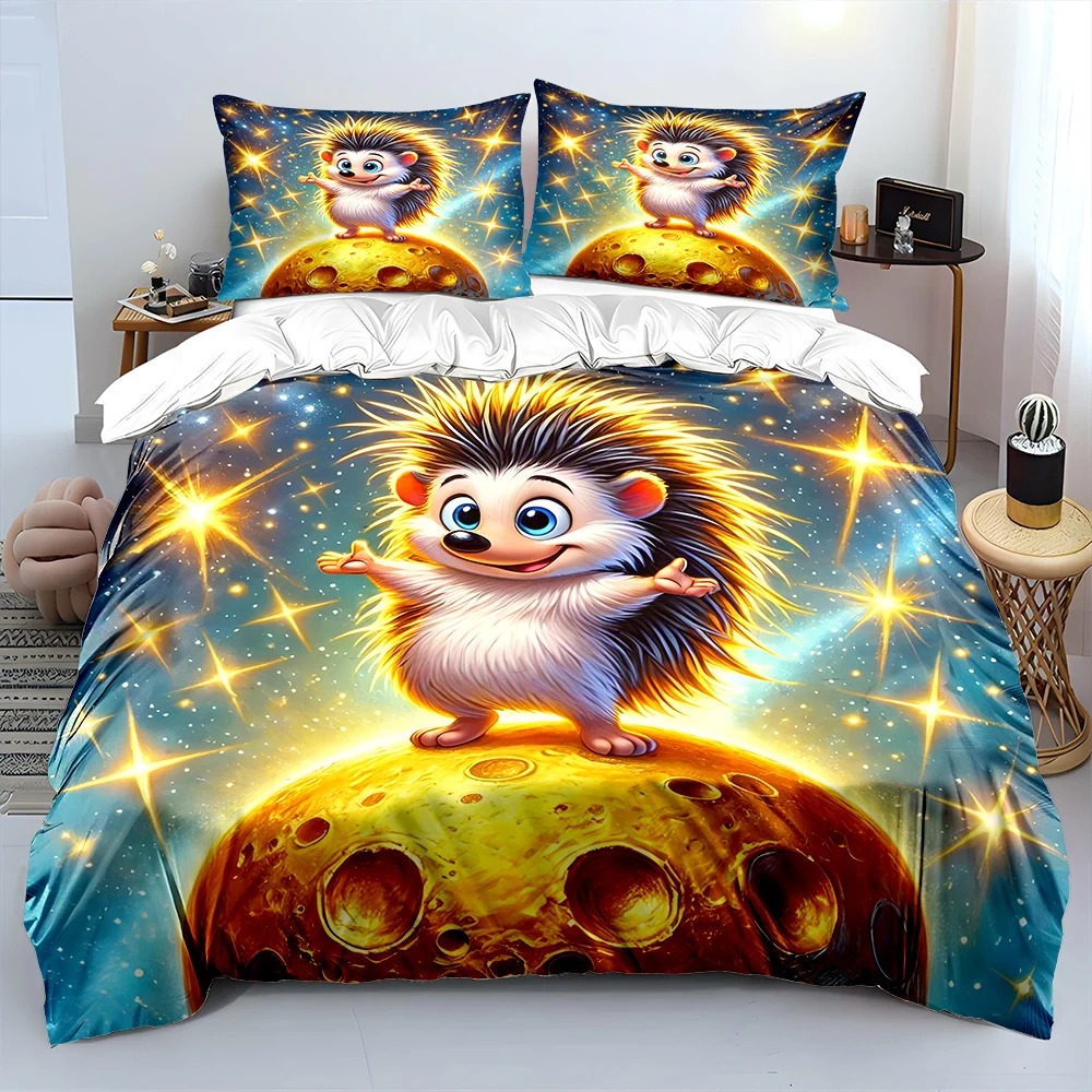 Cute hedgehog on a golden planet Bedding Set for Kids Luxury Gift 3pcs Digital Print Comforter Set Soft Comfortable Breathable