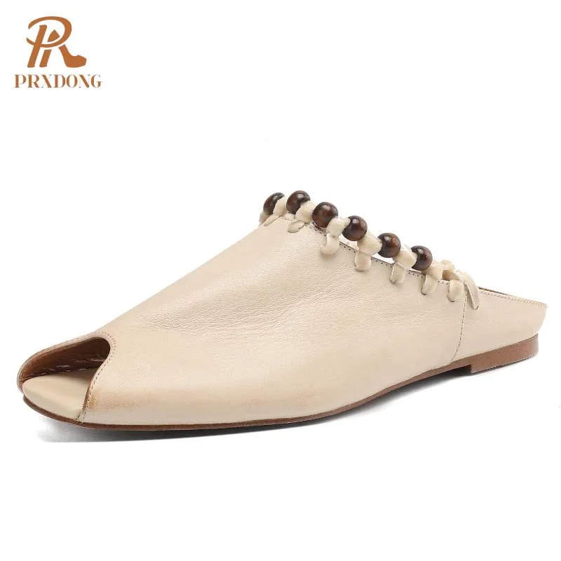 

PRXDONG 2025 новые брендовые летние женские сандалии на низком каблуке с открытым носком из натуральной коровьей кожи черного, бежевого цвета, повседневные женские тапочки 34-39