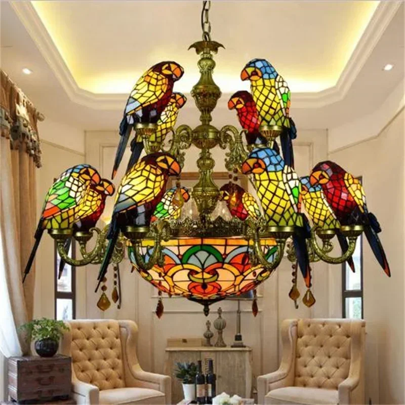 Retro Luxury American Pastoral style Parrot Bird Pendant Light Stained Glass Bar Living Room Parlor Hanging Lighting