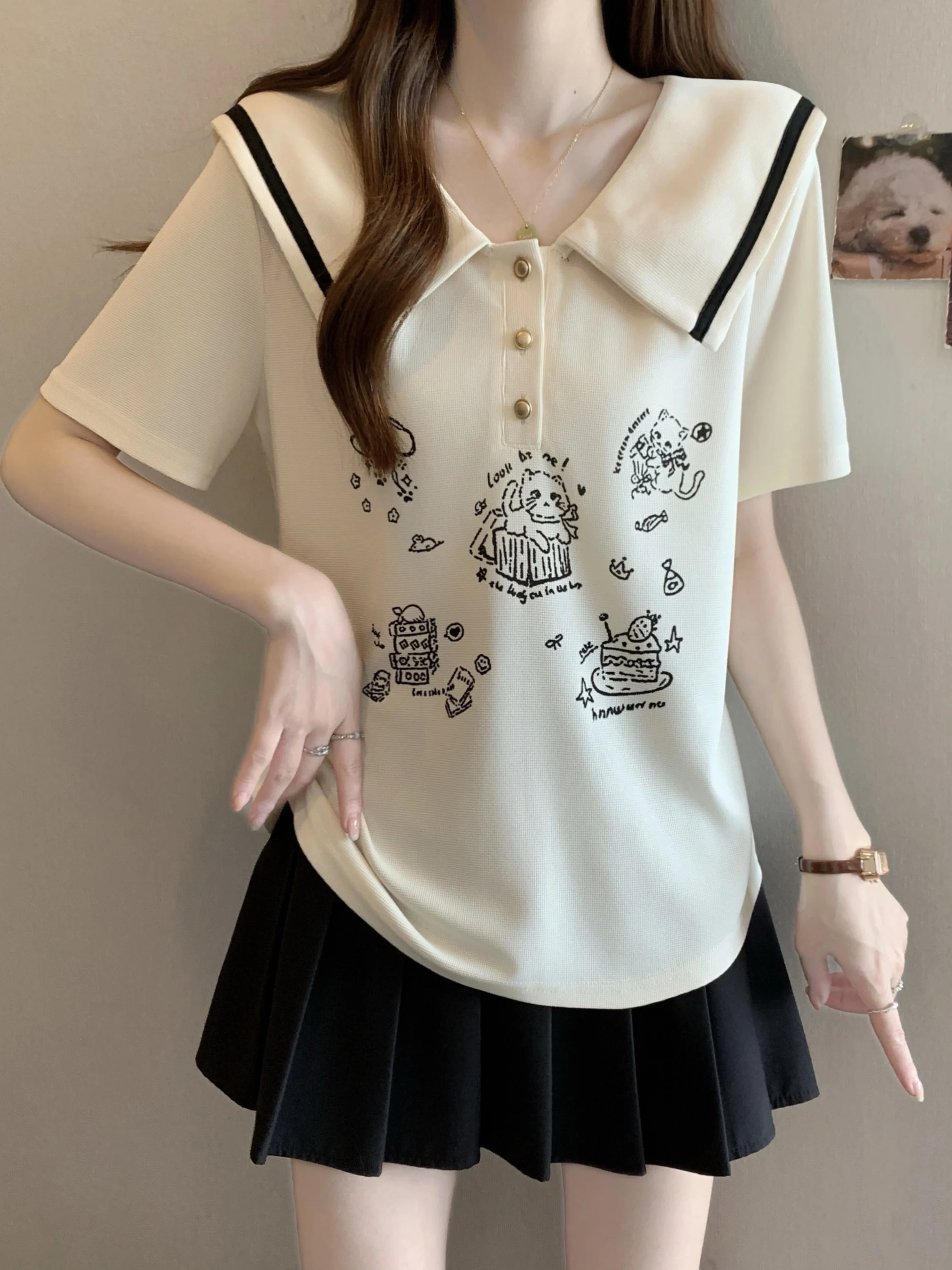 

Slimming Floral Print Naval Collar Short Sleeve T-Shirt Women's Summer Fashionable Top Breathable Skin-friendly Korean Style