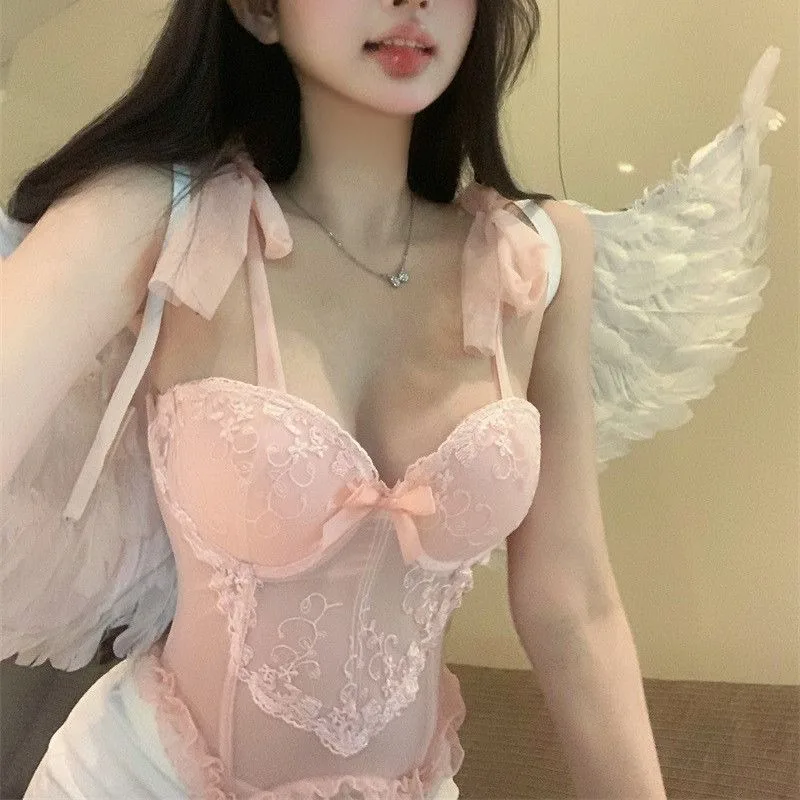 

Sweet Spicy Lace Camisole Vest Female Collarbone Lace Up Fishbone Bra Bow Splice Sleeveless Fashion Summer Slim Chic Lady Top