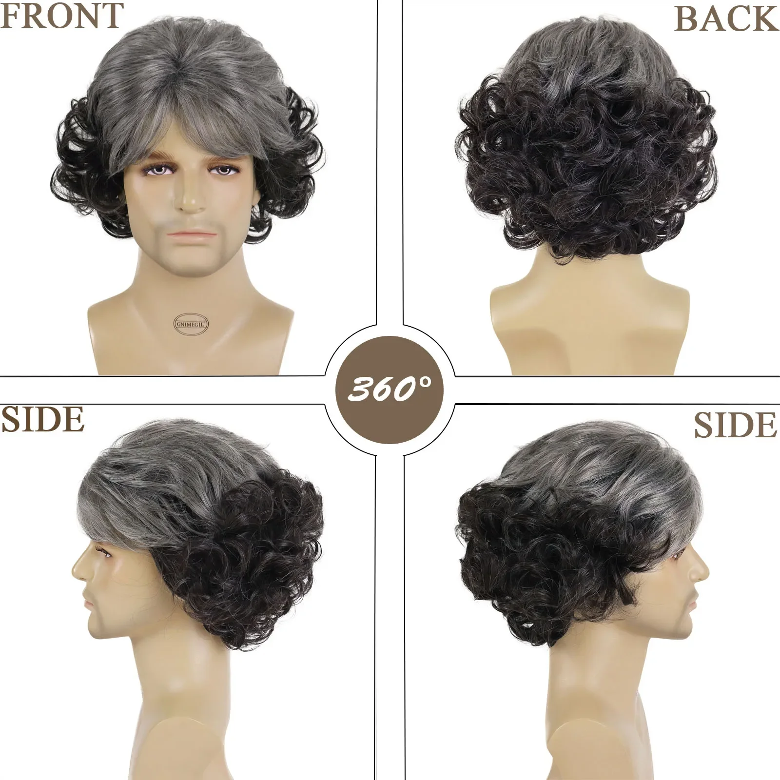 GNIMEGIL Synthetic Ombre Grey Black Short Hair Wig for Men Fluffy Curly Haircut Wig with Bangs Cosplay Costume Older Male Wig