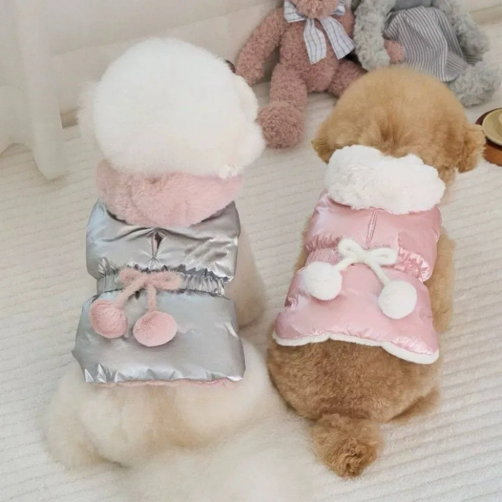 Faux Fur Collar Pet Winter Coat Thick Fleece Lined Pom Poms Accents Padded Pet Jacket Warm Padded Design Korean Style
