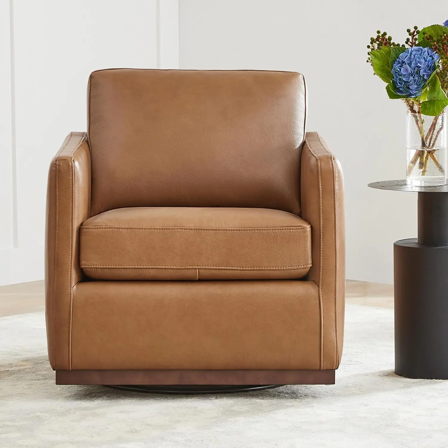 

Genuine Leather Swivel Accent Chair, Mid Century Modern Arm Chair for Living Room and Bedroom,