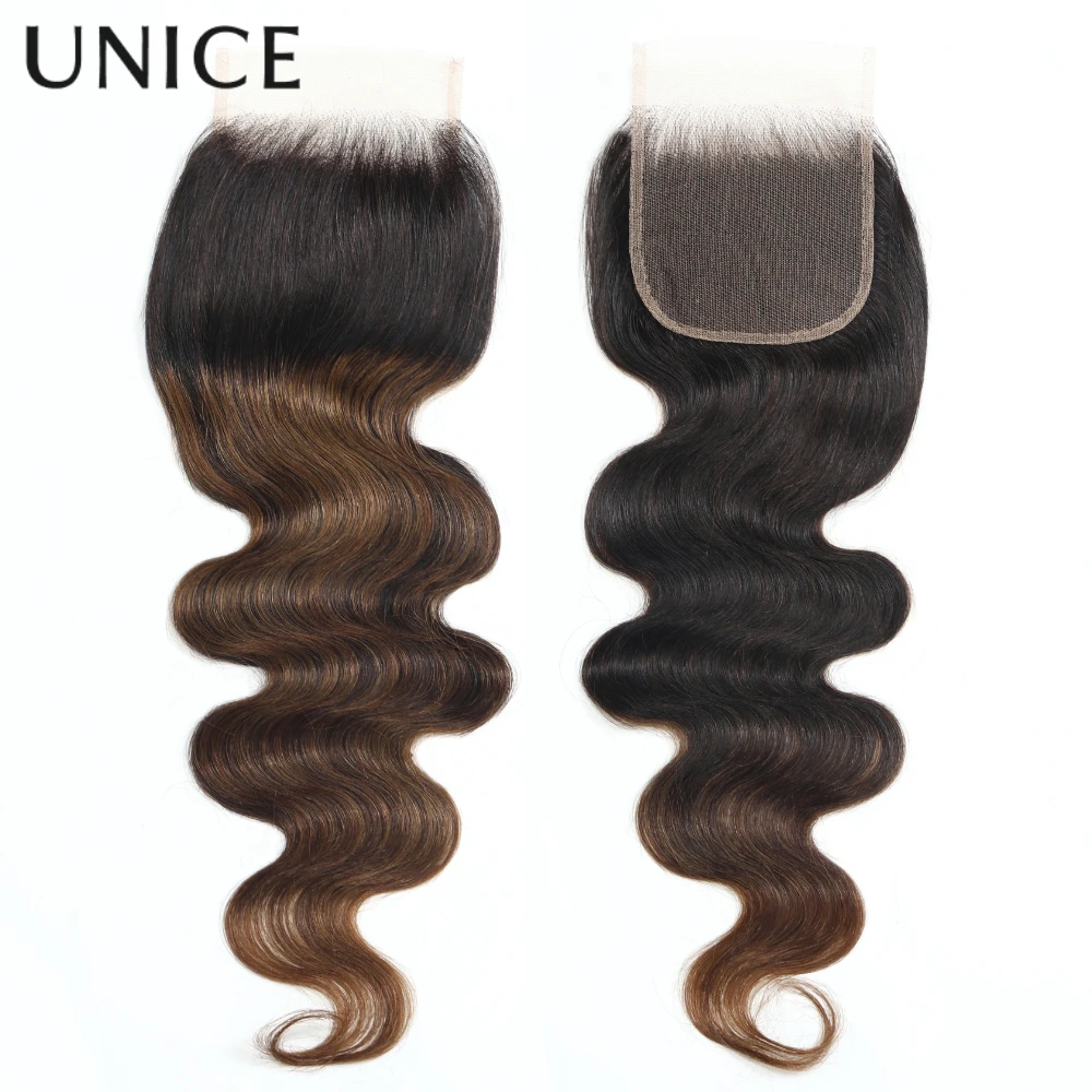 Unice Capelli Castano Marrone Ombre Onda Del Corpo 2/3/4PCS Fasci Con 1PC 4x4 Pollici Chiusura Del Merletto Fasci di Capelli Umani Al 100%