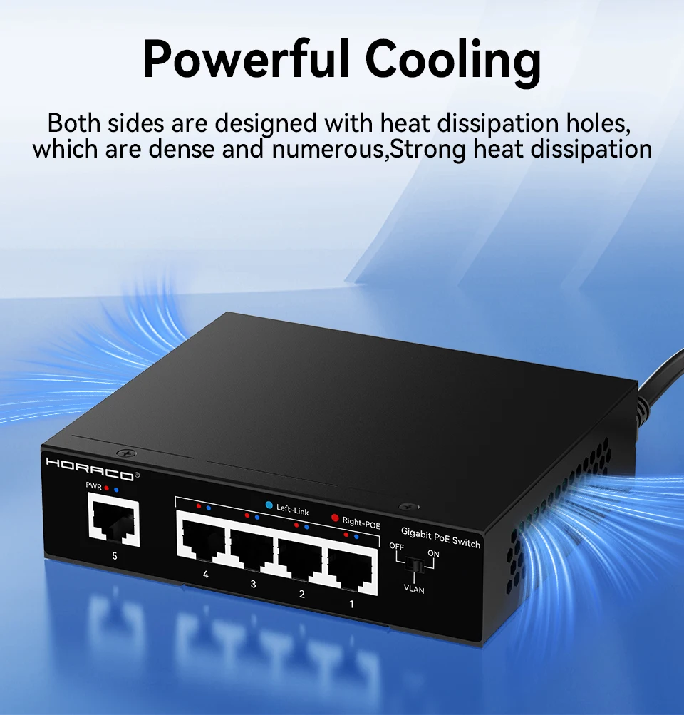 HORACO 5-Port POE Switch Gigabit 1000Mbps Aktiver POE Netzwerk-Switch für IP-Kamera, NVR, Überwachung, CCTV, POE-Kamera – Detail 6