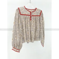 French Elegant Red Wrap Clash Colour Round Neck Floral Print Long Sleeve Loose Blouse Top