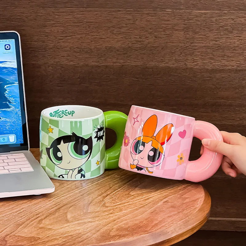 Blossom Bubbles Buttercup The Powerpuff Girls Cute Cartoon 570ML Grid Pattern Ceramic Coffee Cup Kawaii Water Cup Periphery Gift