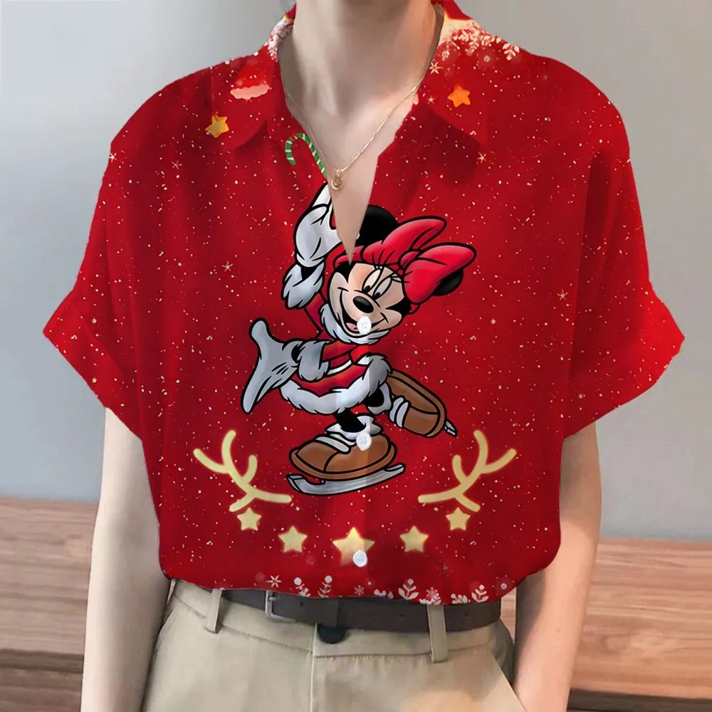 New Boho Disney Brand Christmas Mickey And Minnie Anime Short Sleeve Shirt Summer Casual Beach Party Ladies Kawaii Top Y2k