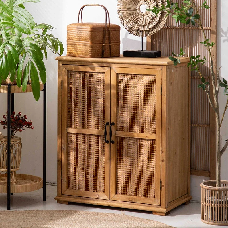 Chinese-style rectangular rattan solid wood cabinet, shelf display, small cabinet figure collection storage locker entrance
