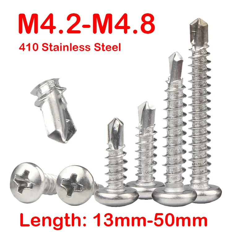 410 Stainless Steel M4.2 M4.8 Cross Round Head Screw Phillips cut-off Slotted Self-Tapping Drill Tail Screws Length: 13mm-50mm