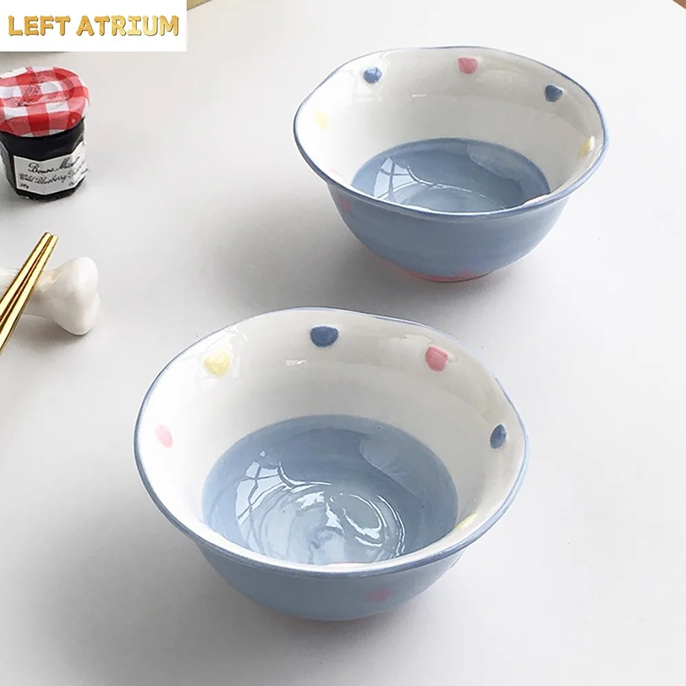 

Mini Blue Cartoon Polka Dot Ceramic Bowl High Appearance Underglaze Color Home Kitchen Tableware Kids Rice Bowls Soup Dish