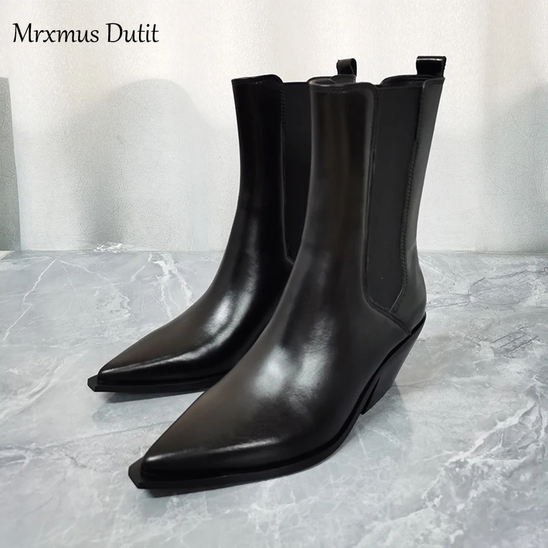 Mrxmus Dutit 2024 Women New Autumn Winter Genuine Leather Rough Heel Pointed Head Boots Shoes Simple Fashion Shoes Female Chic