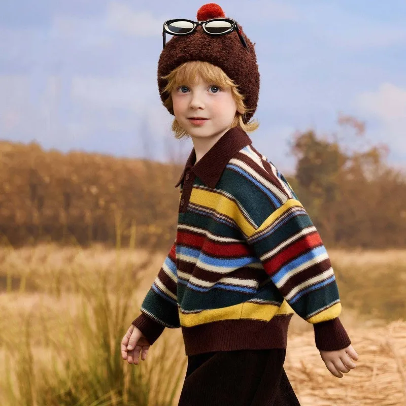 Herbst Kinder Jungen Gestreifter Pullover Retro Umlegekragen Junior Jungen Strickwaren Vintage 4-10 Jahre Kinder Jungen Langarm Pullover – Detail 3