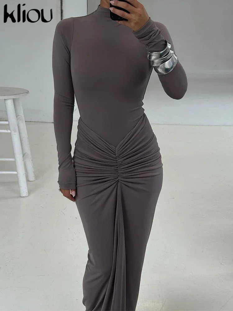 Women Classic Maxi Dress Autumn New Solid Long Sleeve High Collar Body-shaping Vestidos Mujer Concise Trend Robe