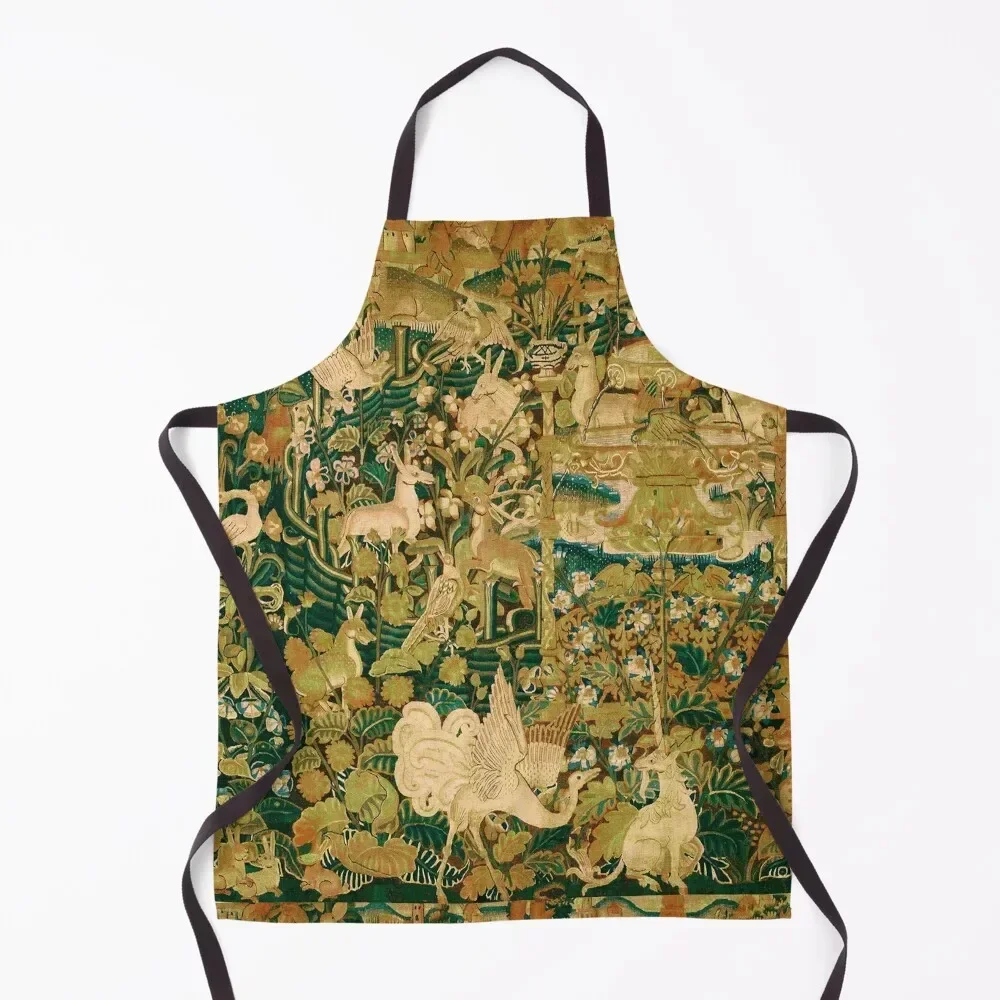 UNICORN AND WHITE GRIPHON, WILD ANIMALS, FANTASY FLOWERS Yellow Green Gothic Floral Collection Apron Camping Apron