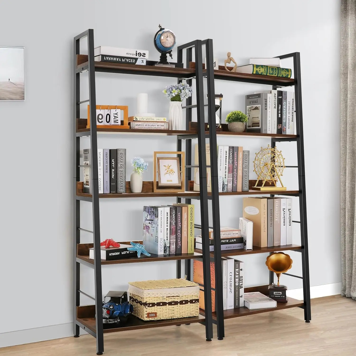 Ladder Shelf Set of 2, 5-Tier Ladder Bookcase, Industrial Bookshelf Wood and Metal Bookshelves, Plant Flower Stand Rack