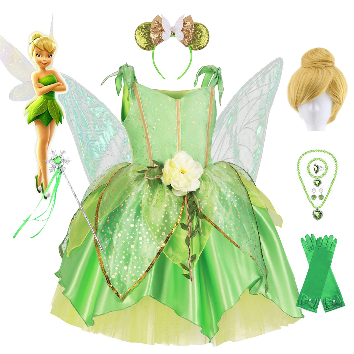 Tinkerbell Dress Forest Fairy Costume Green Leaf Glitter Princess Clothes Kid  New Year Luxury Tulle Frock flower girl dresses