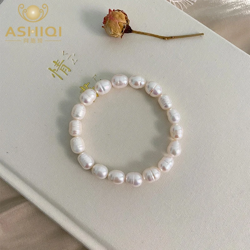 ASHIQI Natural Freshwater Pearl Elastic Cord Bracelet Natural Growth Pattern for Women Jewelry Gift